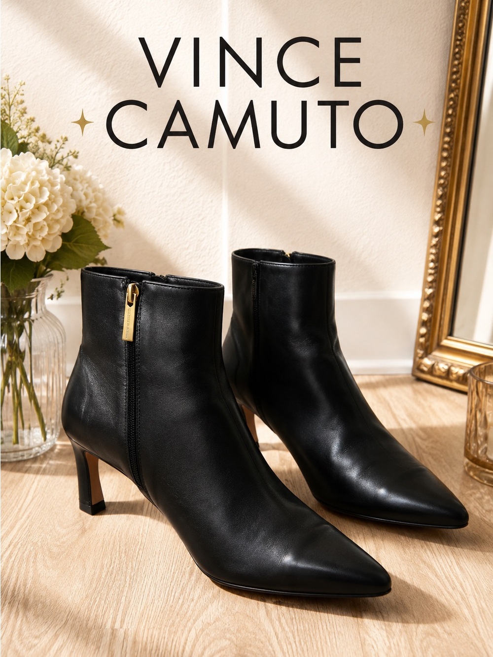 Vince Camuto Drusila Black Leather Flared Heel Booties Size 8M